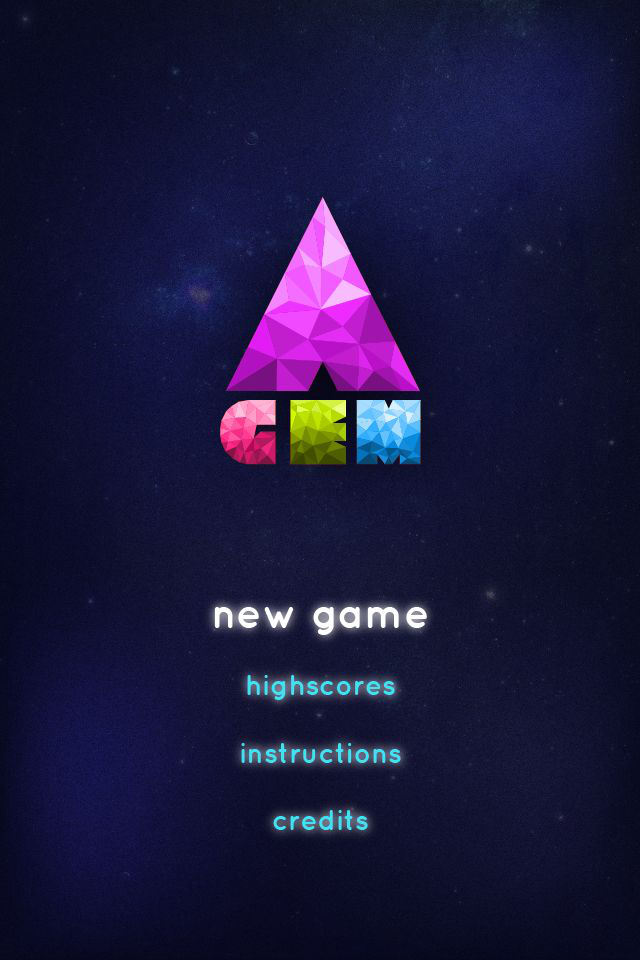 GEM – Low-poly identity and title screen for a mobile game.